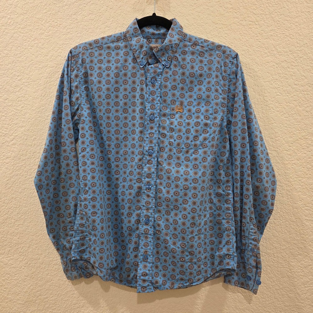 Cinch Boys Blue Geometric Medallion Long Sleeve Button Down Shirt Size M 10